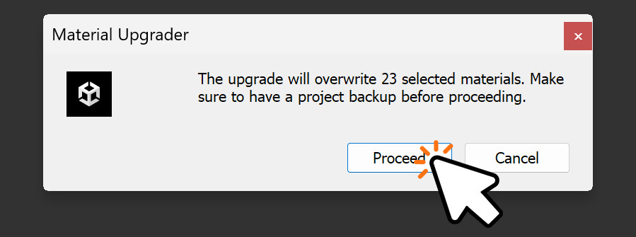 Clicking Proceed in the Material Upgrader Window