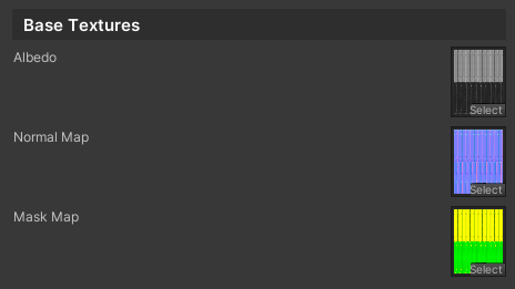 Base texture properties - Albedo, Normal Map, and Mask Map settings