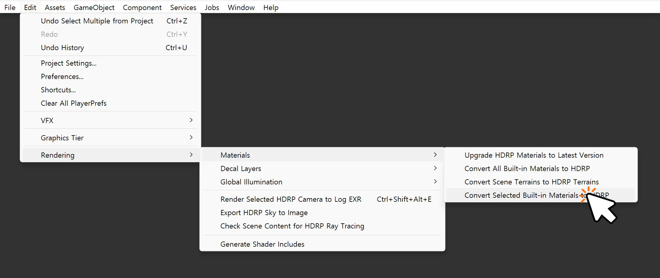 Choosing the HDRP conversion option from the Edit menu