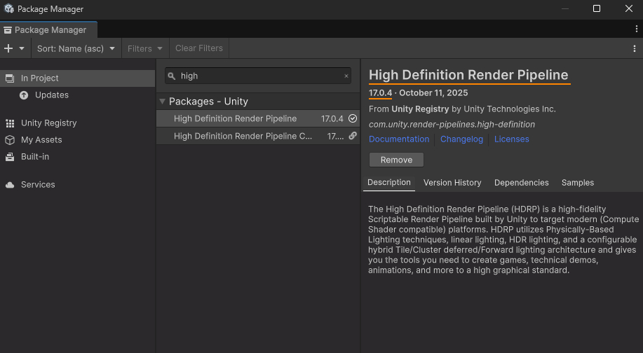 HDRP version check in Unity Package Manager