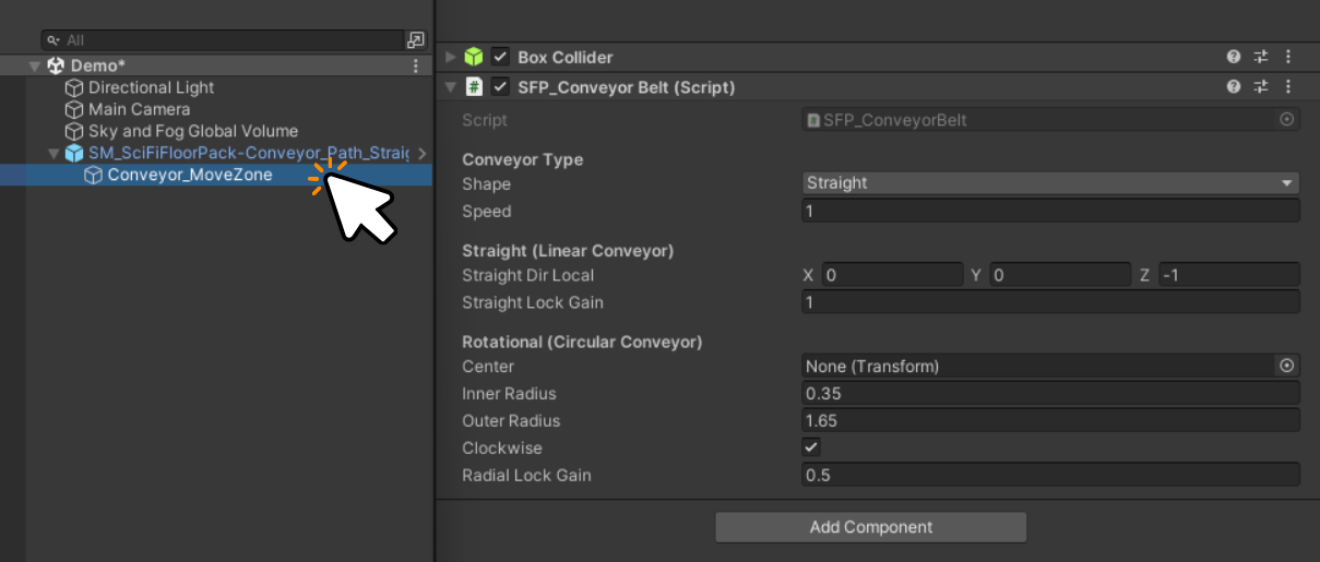 Select Conveyor_MoveZone child object