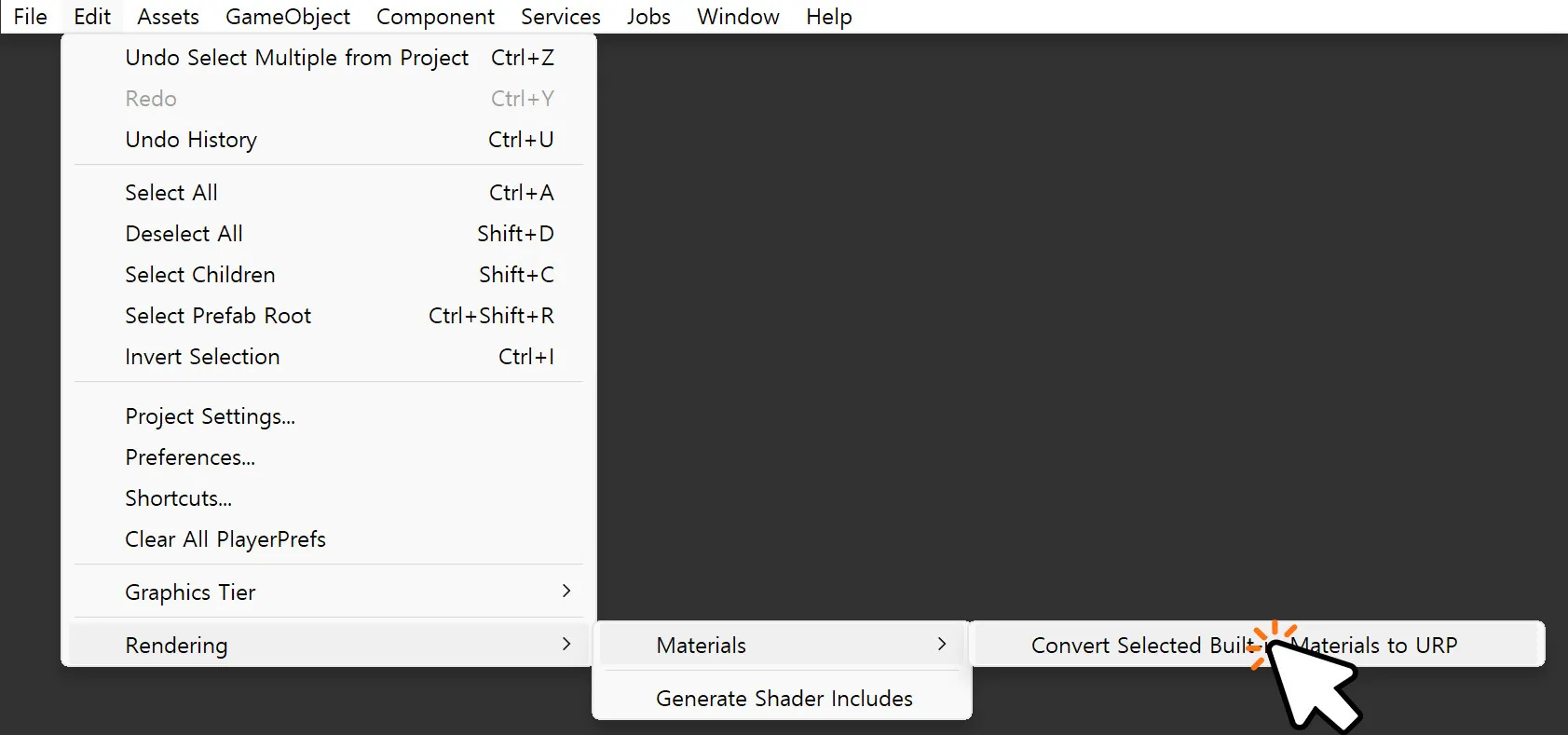 Choosing the URP conversion option from the Edit menu