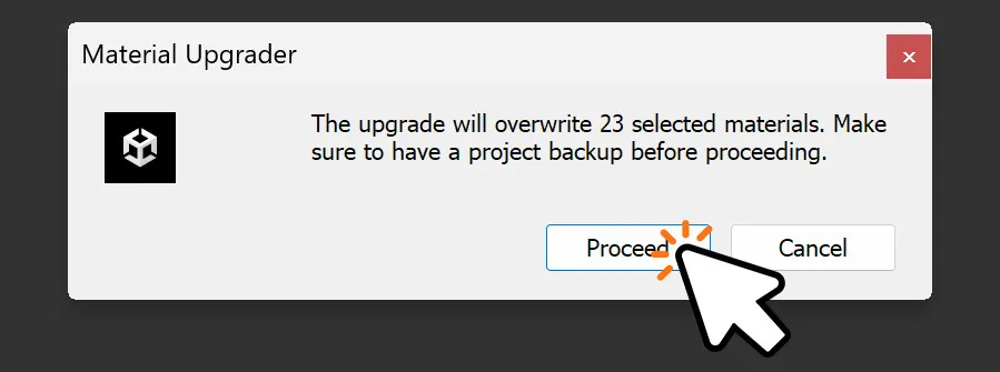 Clicking Proceed in the Material Upgrader dialog