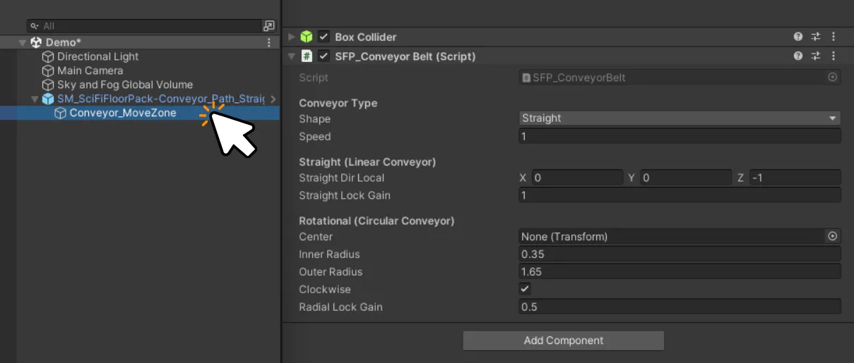 Select Conveyor_MoveZone child object