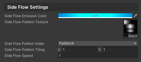 Side Flow settings - Emission color, pattern texture, and animation controls